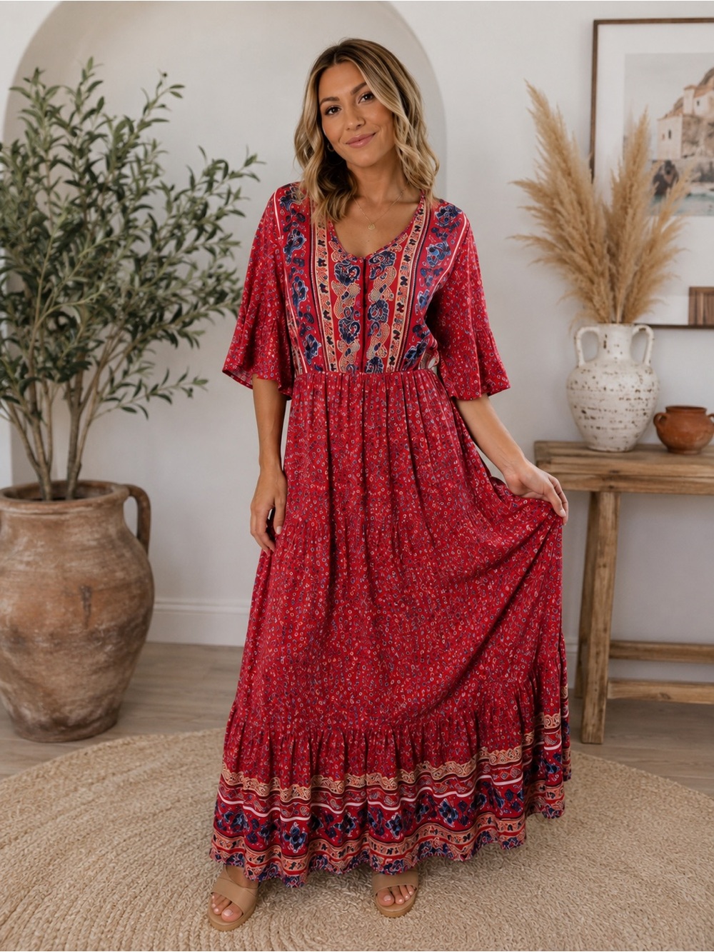 COPY - Pretty Garden red boho flare sleeved paisley floral tiered maxi dress La…